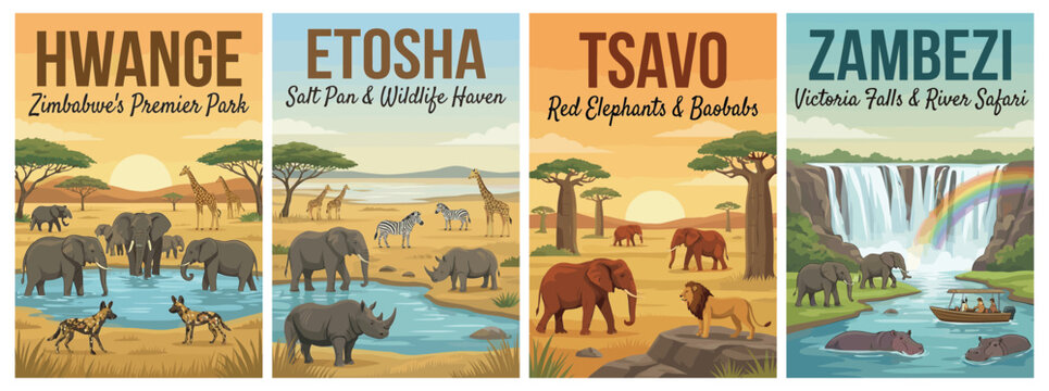 Majestic safari locations travel poster set. Including hwange, etosha, tsavo, and zambezi for iconic wall art prints. Retro vector illustration.