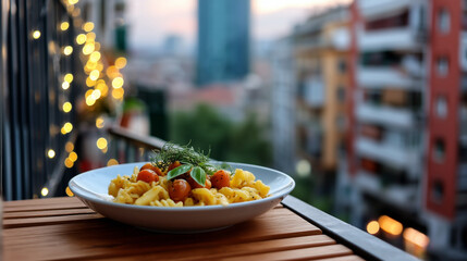 Close-up of a plate with fresh pasta and herbs on a tiny wooden balcony table, warm light from a nearby string of fairy lights, blurred view of dense urban architecture and sunset