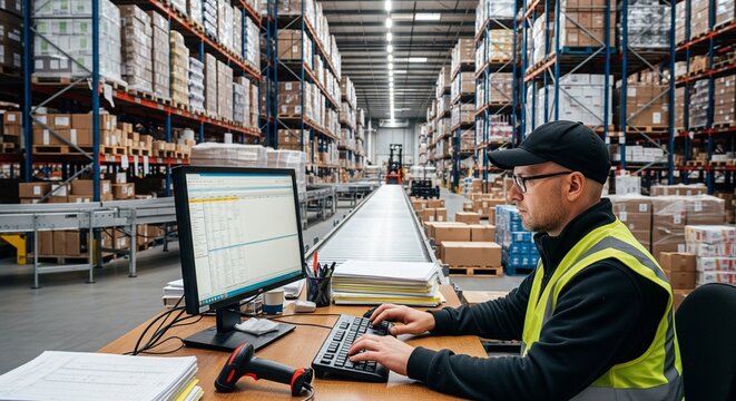 Warehouse worker in safety vest using computer and scanner at desk in modern distribution center