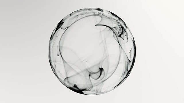 Abstract black transparent mesh sphere with monochrome fluid lines, soft digital particle structure and minimal futuristic orb on clean light background, seamless abstract motion, 4K, 60fps
