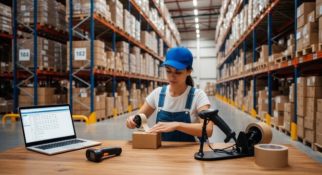 Warehouse worker meticulously packing orders with a laptop, scanner, and tape dispenser, symbolizing