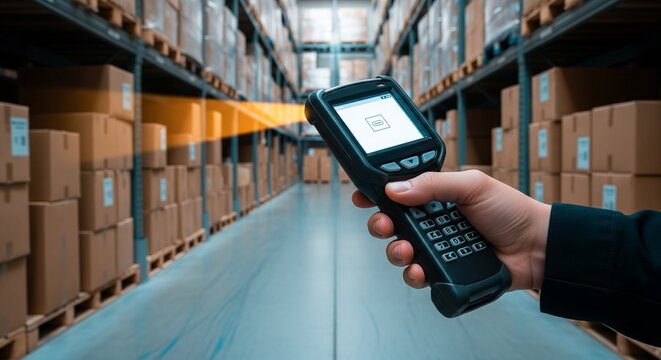 Warehouse worker scanning inventory with handheld scanner, modern logistics and supply chain
