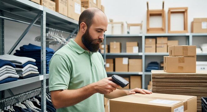 Warehouse worker scanning package with barcode scanner, organizing inventory and managing stock