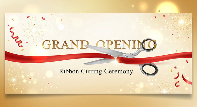 Grand opening ribbon cutting ceremony with scissors and red ribbon ceremony scissors celebration business commerce occasion tradition