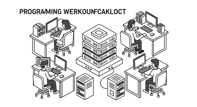 Isometric illustration of a programming workspace with multiple developers working on computers and server racks in a data center environment.