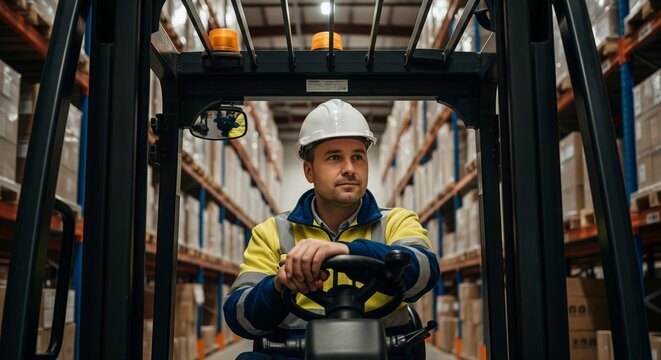 Warehouse worker wearing a hard hat and safety vest driving a forklift through tall shelves of boxes