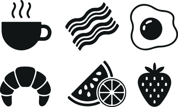 Breakfast icons: coffee cup bacon fried egg croissant fruit strawberry