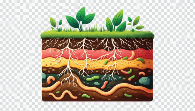 Healthy Soil Profile Cross Section Illustration: Detailed Layers, Plant Roots, Grass, and Active Earthworms Ecosystem for Education
