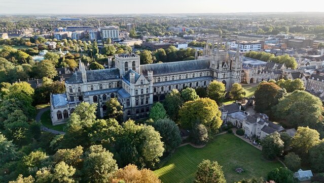 Aerial drone view of Peterborough Cathedral at sunset in Cambridgeshire