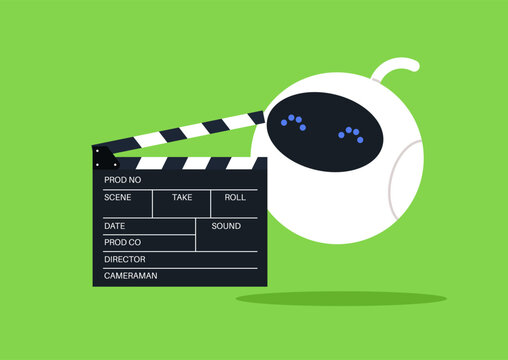A charming robot director holds a clapperboard, ready to start filming an exciting scene in a bright green studio, Its round shape and playful features bring a sense of creativity to the set.