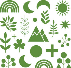 Obraz premium Collection of green stylized icons representing nature and celestial elements