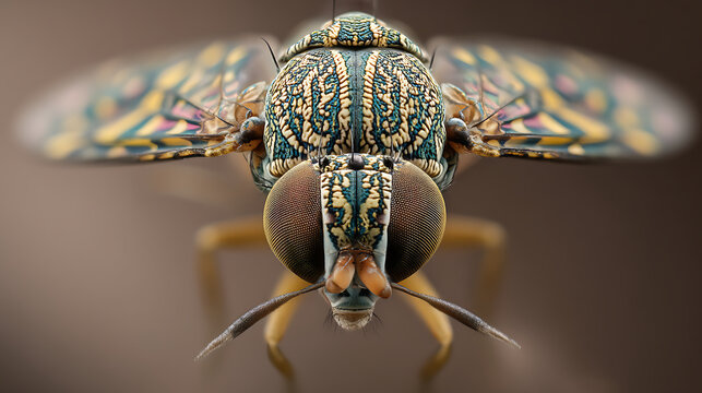 Detailed macro photograph of a hoverfly with iridescent wings