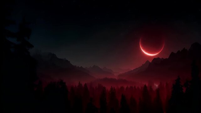 Eclipse, fantasy, mysterious, supernatural. A digital artwork depicts a serene nighttime landscape. A large, glowing red moon casts a radiant glow over a misty mountain range.
