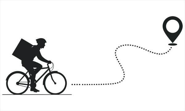 Black silhouette of a delivery person riding a bicycle to a location marked by a pin
