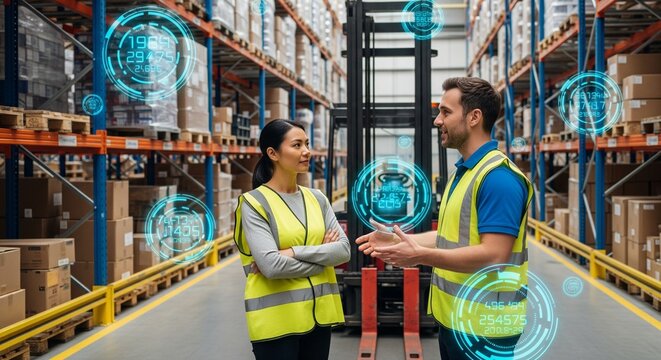 Warehouse workers in high-visibility vests discuss operations amidst futuristic holographic data