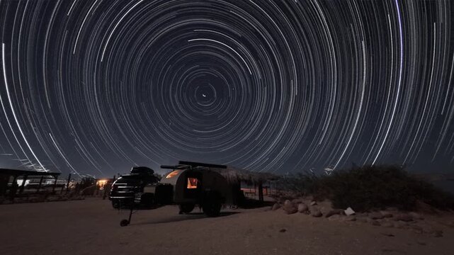 Time lapse shows a teardrop camper trailer and SUV at the beach in Bahia De Los Angeles during night hours.