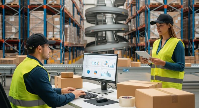 Warehouse workers in hi-vis vests managing inventory data on computer and tablet, with boxes