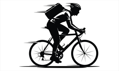 Fototapeta premium Black silhouette of a cyclist riding a bicycle with a backpack isolated on white background