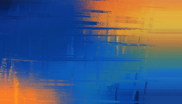 Abstract digital art background with vibrant blue and orange gradient, horizontal motion blur, and glitch effects.