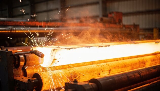 Bright billet travels through glowing rollers with the intense sparks from cutting sharply framed against a faded outoffocus workshop backdrop.