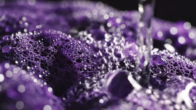 Abstract purple textured surface with glistening water droplets and bokeh lights