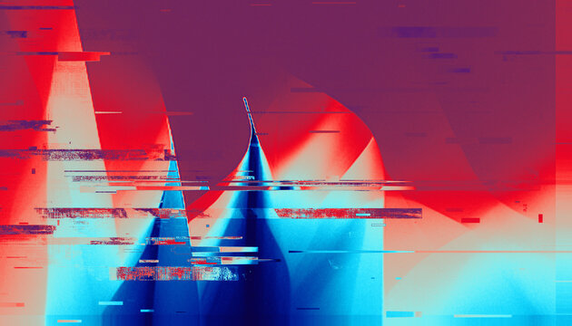 Vibrant abstract digital glitch art featuring dynamic fractal forms, sharp color gradients, horizontal motion blur, and a futuristic pixel noise texture.