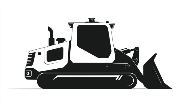 Black silhouette of a bulldozer or skidsteer loader on white background