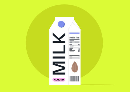 Colorful carton of almond plant milk stands proudly against a cheerful pink backdrop, inviting people to discover the delicious and nutritious benefits of dairy-free alternatives.