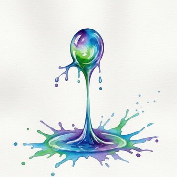 Watercolor painting of a single colorful liquid drop splashing