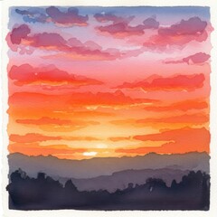 Obraz premium Watercolor painting of a vibrant sunset over silhouetted hills