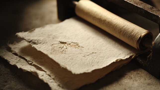 Close-up of handmade paper sheet being pressed by a roller during the papermaking process