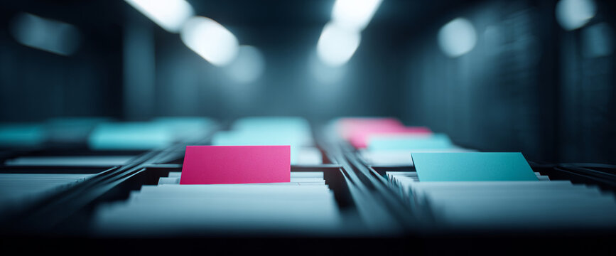 Colorful index cards in filing drawers
