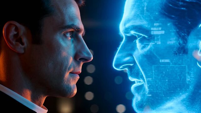 Businessman looking at a digital holographic projection of a male face in a dark office, concept for artificial intelligence and human machine interaction.
