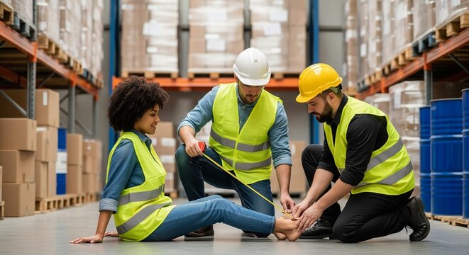 Warehouse workers measuring injured colleague's ankle with tape measure, emphasizing safety