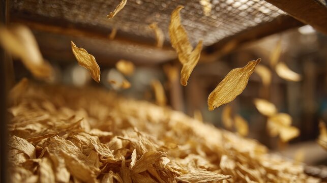 Close-up of dried mango slices falling into a pile during industrial food processing