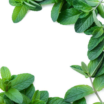 Fresh green mint leaves arranged as a decorative frame on a plain white background, for food