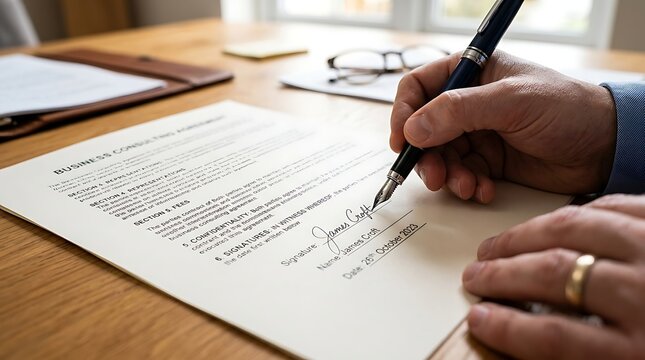 Close-up of a person signing a document with a pen