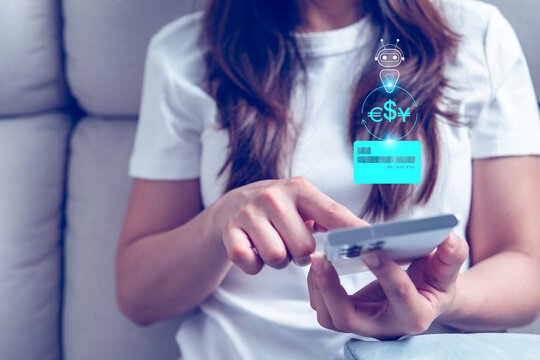 Woman using smartphone for multicurrency mobile payment with digital wallet and AI chatbot. Concept of global online banking, secure transaction, and fintech lifestyle in cashless economy