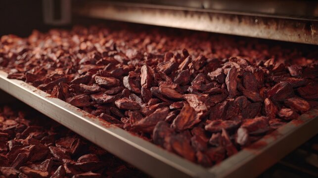 Close-up of cocoa nibs being roasted in an industrial setting, highlighting the initial stages of chocolate production.
