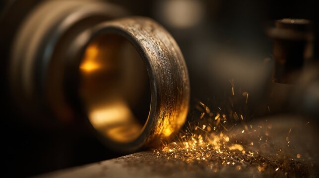 Close-up of a raw silver ring being meticulously shaped with sparks flying in a workshop