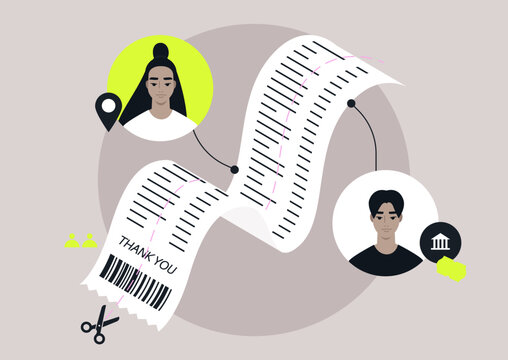 Two avatars display a stylish interaction around a receipt, This clever design illustrates the theme of sharing expenses and financial collaboration.