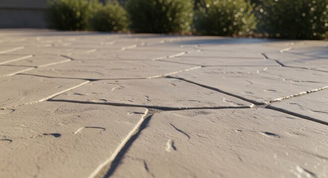 Close-up view of beige stamped concrete with a subtle flagstone pattern, creating a textured outdoor patio surface.