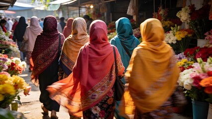 Obraz premium Group of Indonesian Women in Colorful Hijabs Walking Through Vibrant Flower Market Behind View