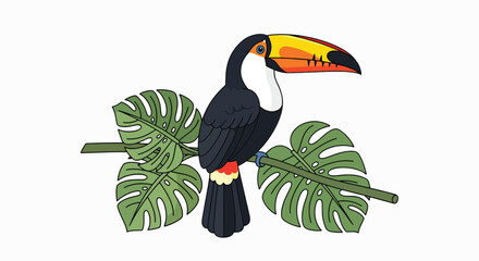 Naklejka premium A colorful toucan perched on a branch with large green leaves against a clean white background in a graphic illustration.