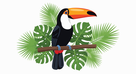 Naklejka premium Illustration of a colorful toucan perched on a branch surrounded by tropical leaves against a white background with vibrant green foliage.