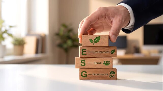 Businessman Stacking Wooden Blocks with ESG - Environment Social Governance Concept on White Desk