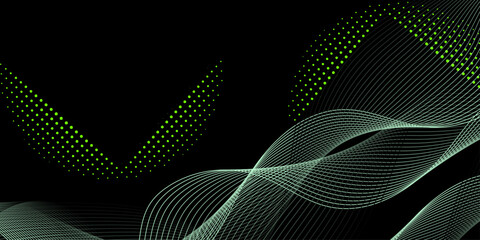 Obraz premium Abstract black background with green line and dote. Modern template abstract design flowing particles digital frequency track equalizer. abstract wave line for banner, wallpaper with wave design.