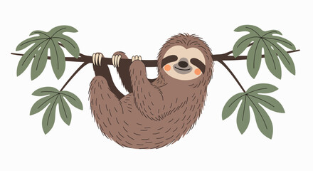 Obraz premium A cartoon sloth hanging upside down from a tree branch with green leaves on a white background.