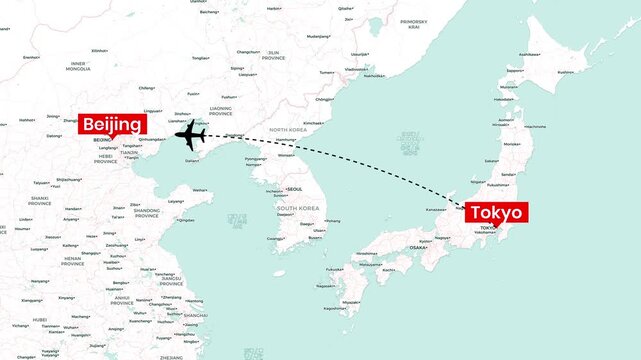 Animated airplane flight path from Tokyo to Beijing travel motion graphic clip