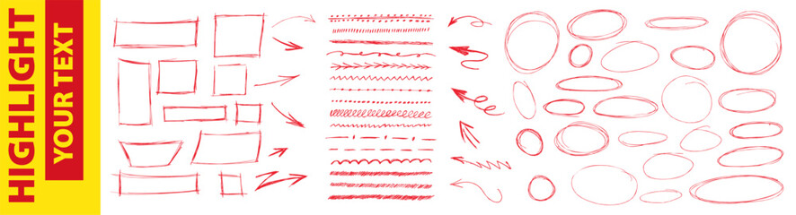 Red pen strokes round circle underline shapes with hand drawn doodle arrow elements. Vector kit highlight text scribble. Encircle strike through note sections with rough hand drawn texture. © A_Y_N